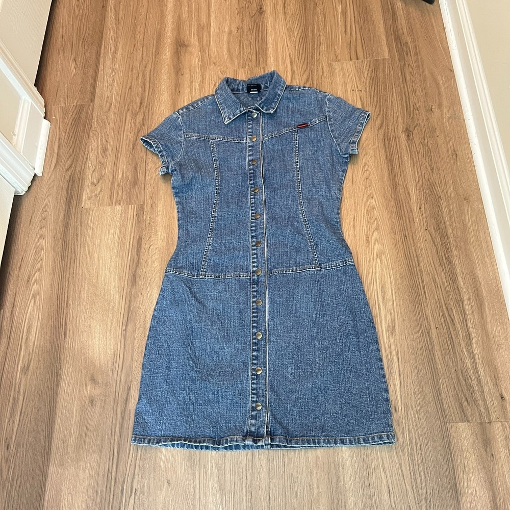 FUBU Denim Snap Front Mini Dress Size 5/6 Y2K Rodeo Western Bodycon